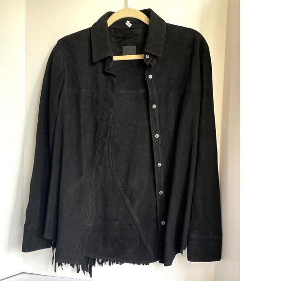 RTA Suede Shirt Jacket Womens Small Black Fringed Leather Snap Front Slim - Picture 7 of 11